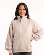Women's oversized beige half-zip sweatshirt with funnel neck and kangaroo pocket