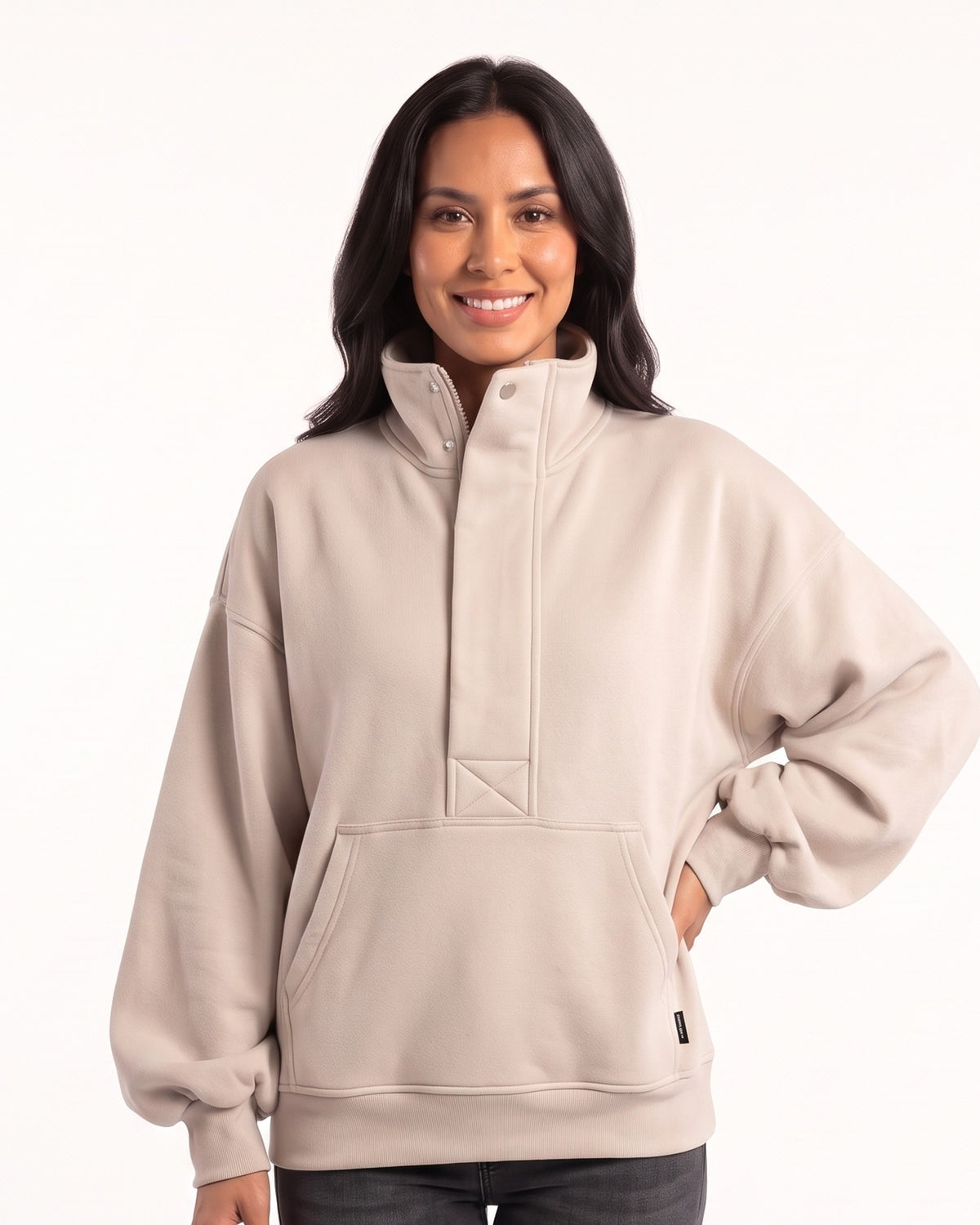 Women's oversized beige half-zip sweatshirt with funnel neck and kangaroo pocket