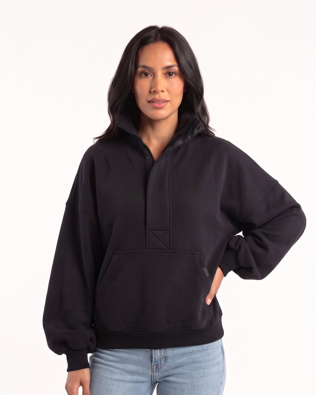 Women's oversized black half-zip sweatshirt with funnel neck and kangaroo pocket