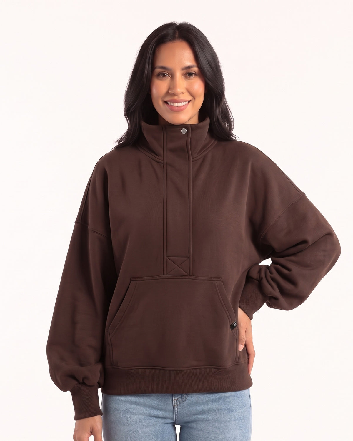 Oversized brown half-zip sweatshirt with funnel neck and kangaroo pocket