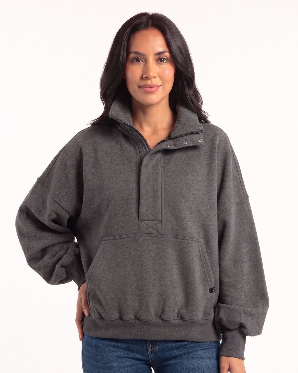Oversized dark gray half-zip fleece sweatshirt with funnel neck, kangaroo pocket, and long cuffs