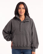 Oversized dark gray half-zip fleece sweatshirt with funnel neck, kangaroo pocket, and long cuffs