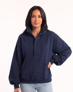 Oversized navy half-zip sweatshirt with funnel neck and kangaroo pocket