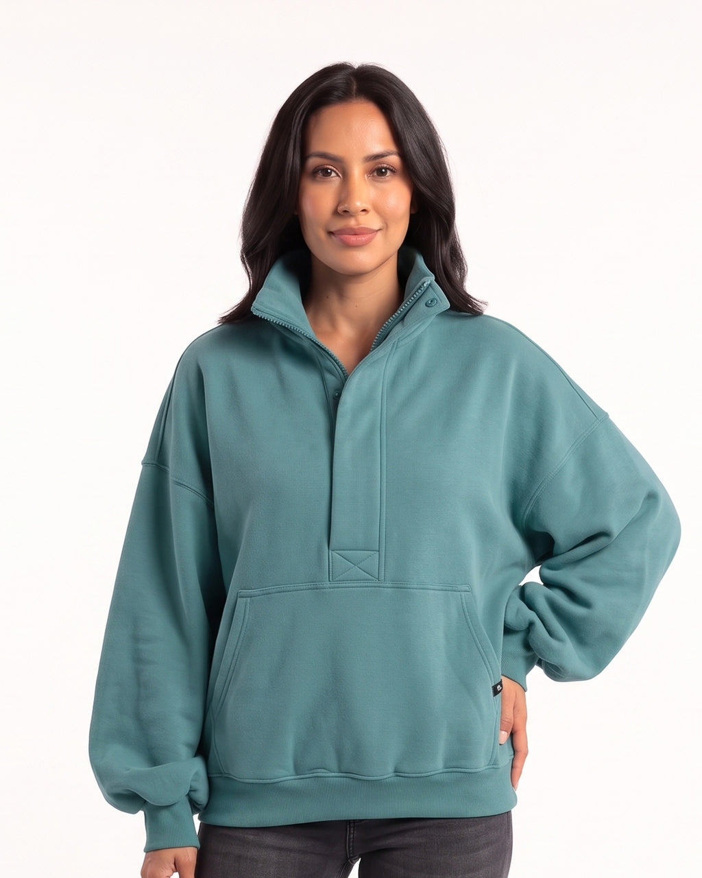 Oversized teal half-zip sweatshirt with funnel neck and kangaroo pocket