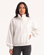 Oversized white half-zip sweatshirt with funnel neck and kangaroo pocket