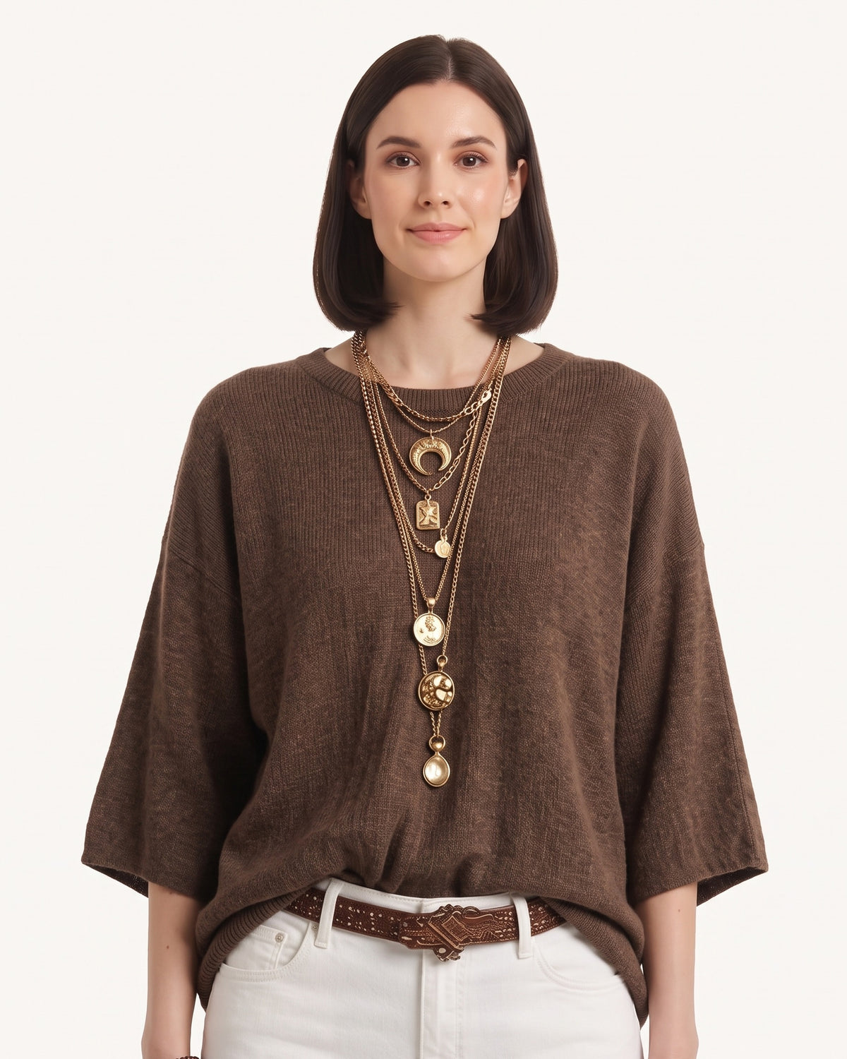 Oversized brown merino knit crewneck sweater with wide three-quarter sleeves