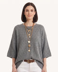 Oversized gray merino knit crewneck sweater with wide three-quarter sleeves