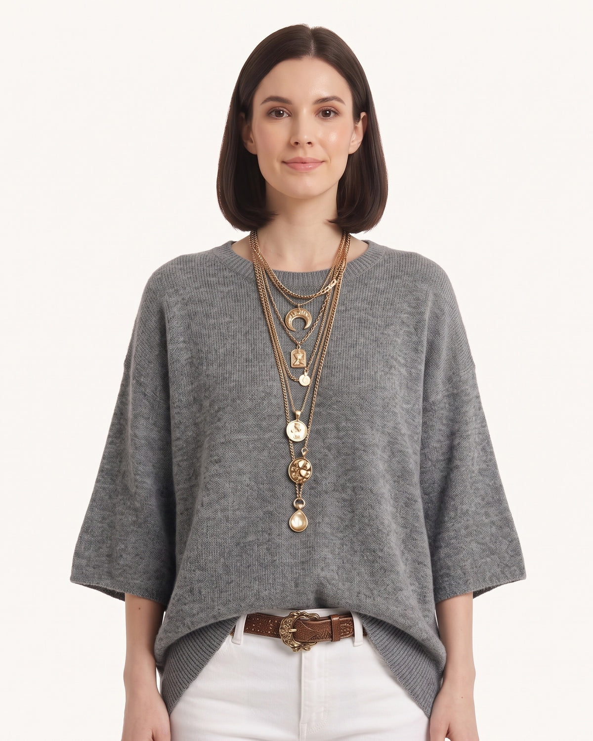 Oversized gray merino knit crewneck sweater with wide three-quarter sleeves