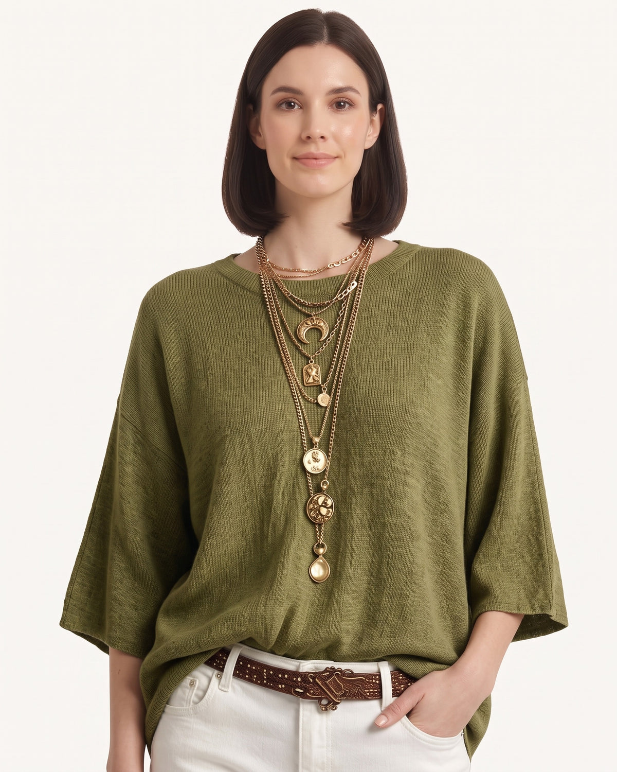 Oversized green merino knit crewneck sweater with wide three-quarter sleeves