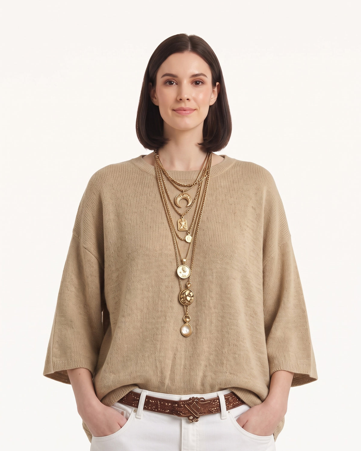 Oversized khaki merino knit crewneck sweater with wide three-quarter sleeves
