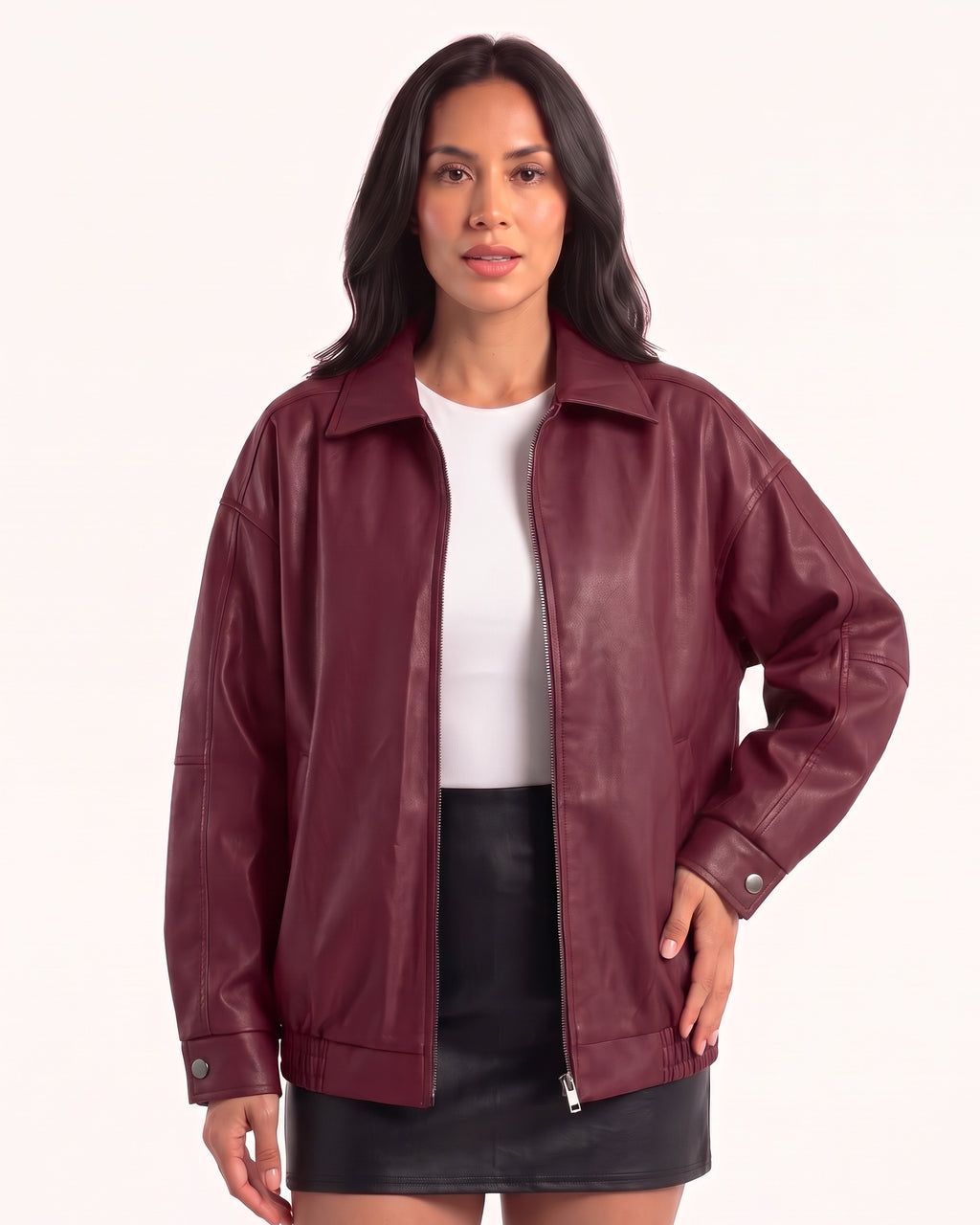 Burgundy oversized faux leather bomber jacket with collar, zip front, drop shoulders and snap cuffs