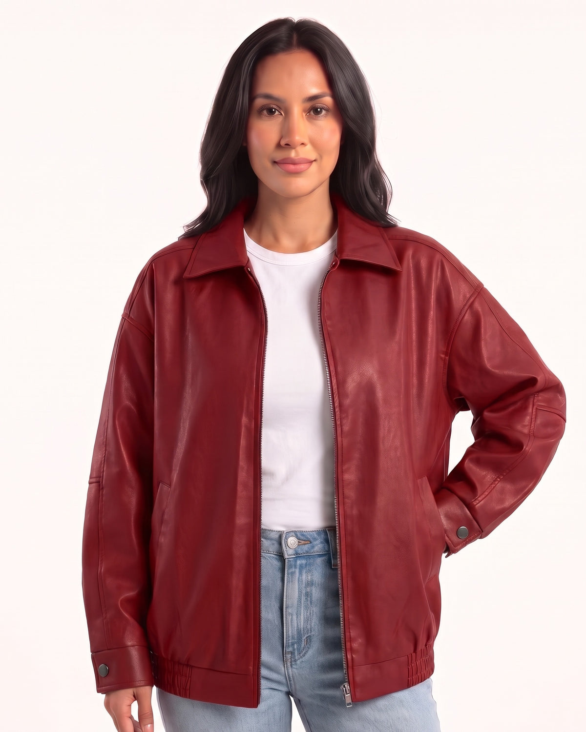 Red oversized faux leather bomber jacket with collar, zip front, drop shoulders and snap cuffs