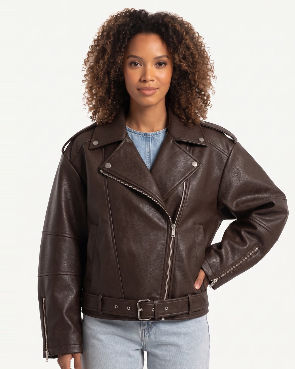 Women's brown oversized faux leather moto jacket, front zipper and belt