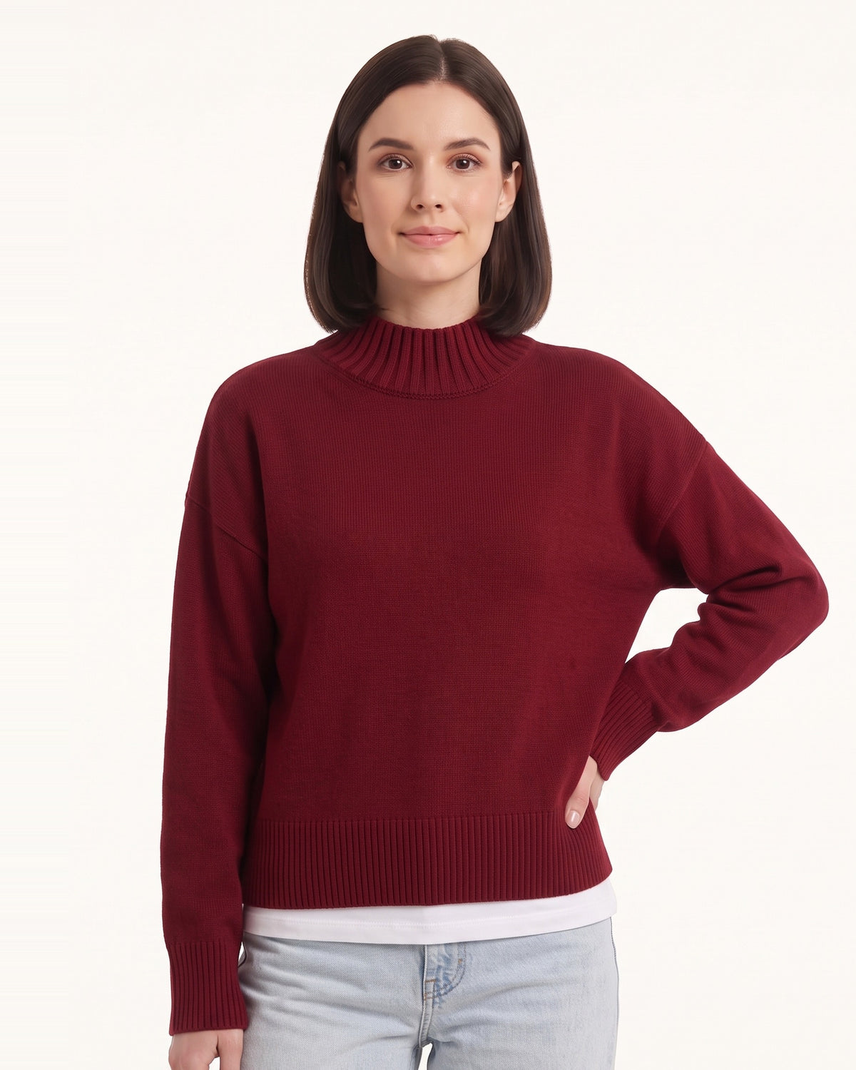 Oversized mock neck sweater in deep burgundy with ribbed hem and neckline