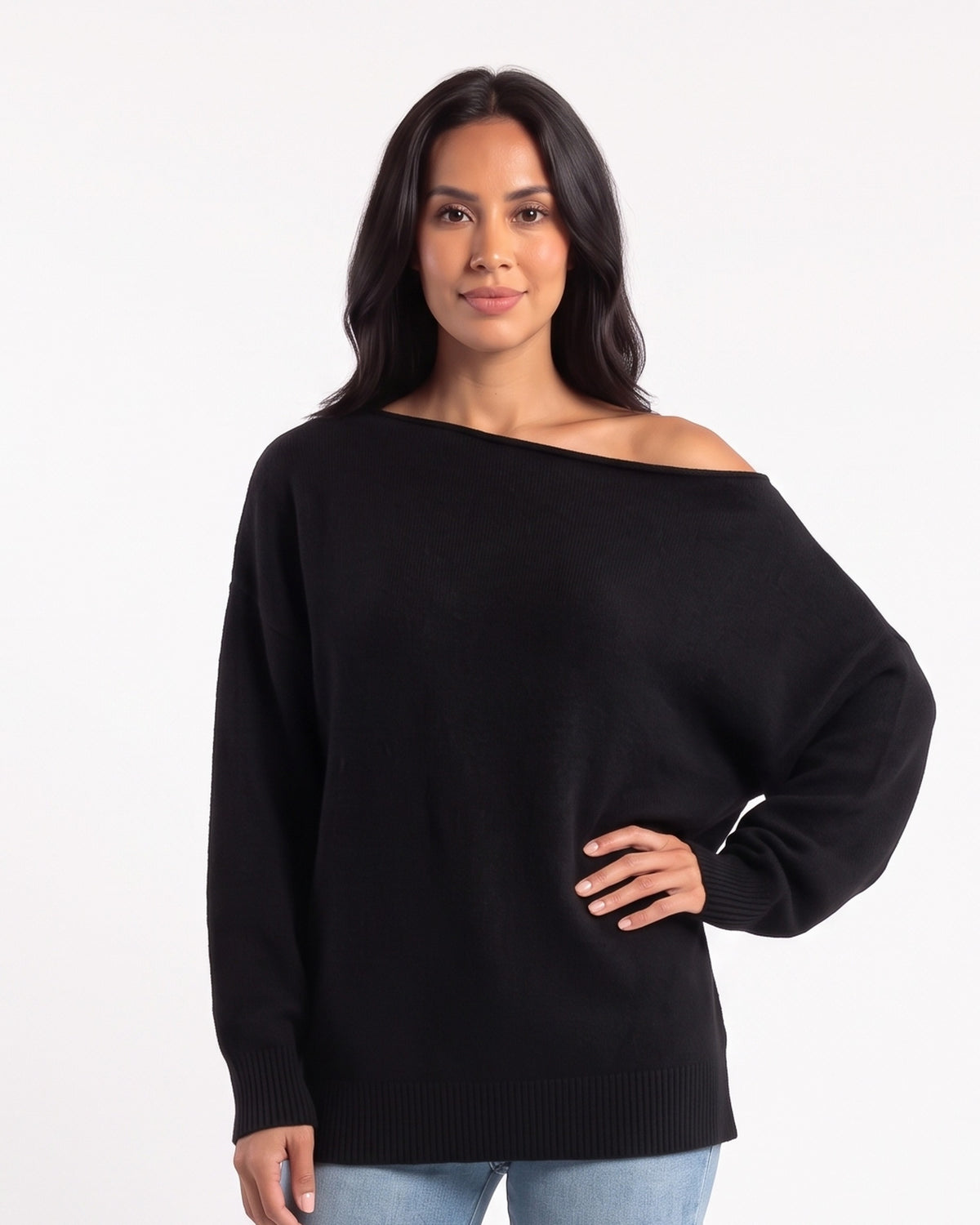 Black off-shoulder dolman-sleeve sweater with ribbed hem and cuffs