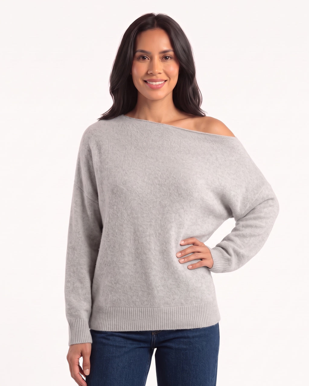 Light gray off-shoulder dolman-sleeve sweater with ribbed cuffs