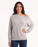 Light gray off-shoulder dolman-sleeve sweater with ribbed cuffs