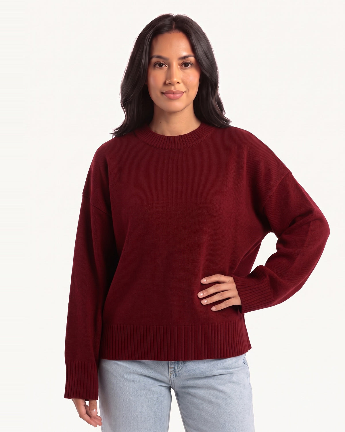 Burgundy oversized crewneck knit sweater with wide ribbed cuffs and ribbed hem