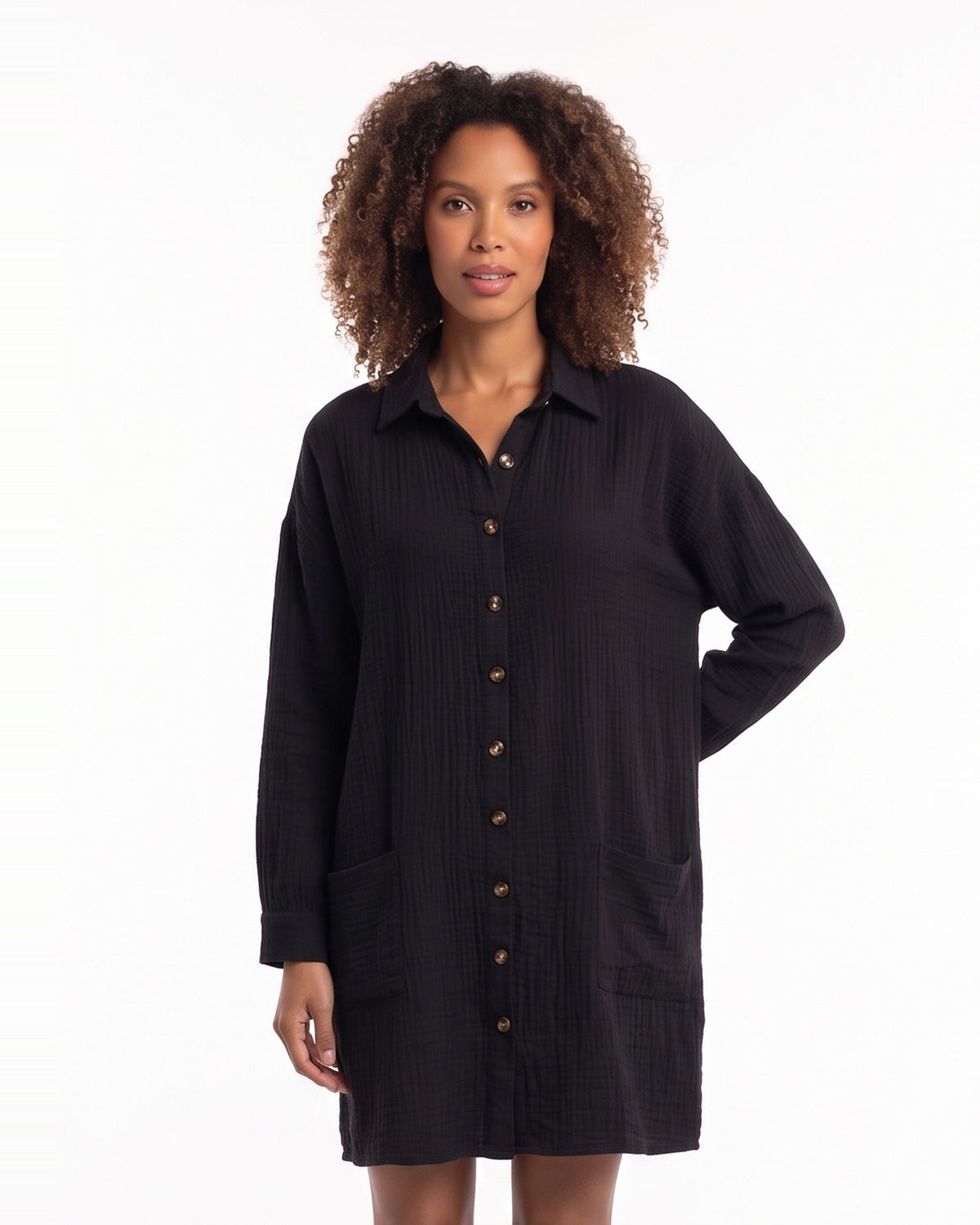 Women’s oversized black button-down shirt dress with collar and long sleeves