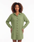 Women’s oversized green button-down shirt dress with collar and long sleeves