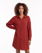 Women’s oversized button-down shirt dress, deep red, long sleeves, pointed collar