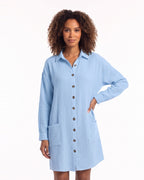 Women’s oversized light blue button-down shirt dress with collar and long sleeves