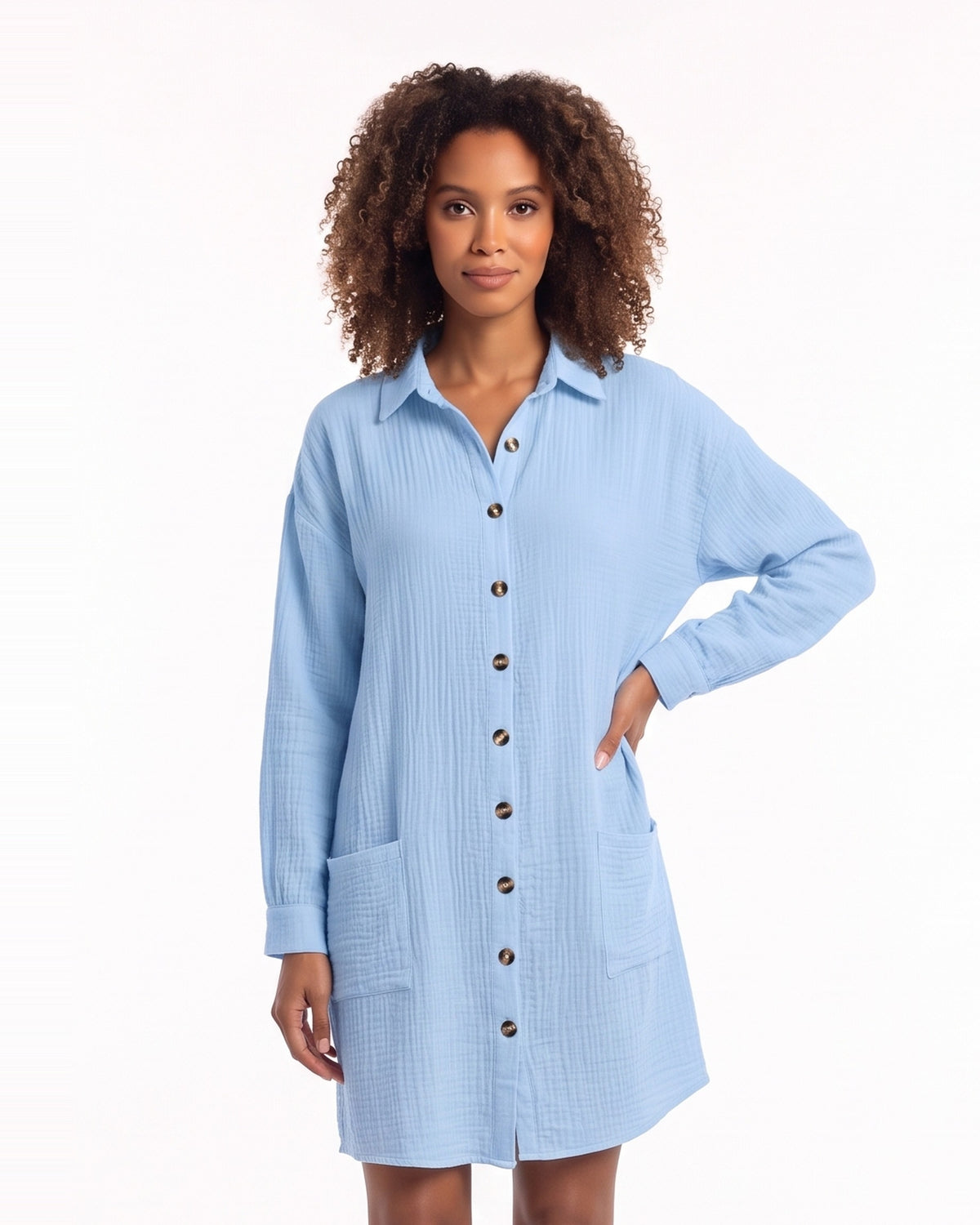 Women’s oversized light blue button-down shirt dress with collar and long sleeves