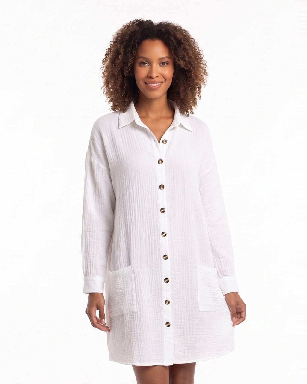 Women’s oversized white button-down shirt dress with collar and long sleeves