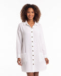 Women’s oversized white button-down shirt dress with collar and long sleeves