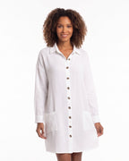 Women’s oversized white button-down shirt dress with collar and long sleeves