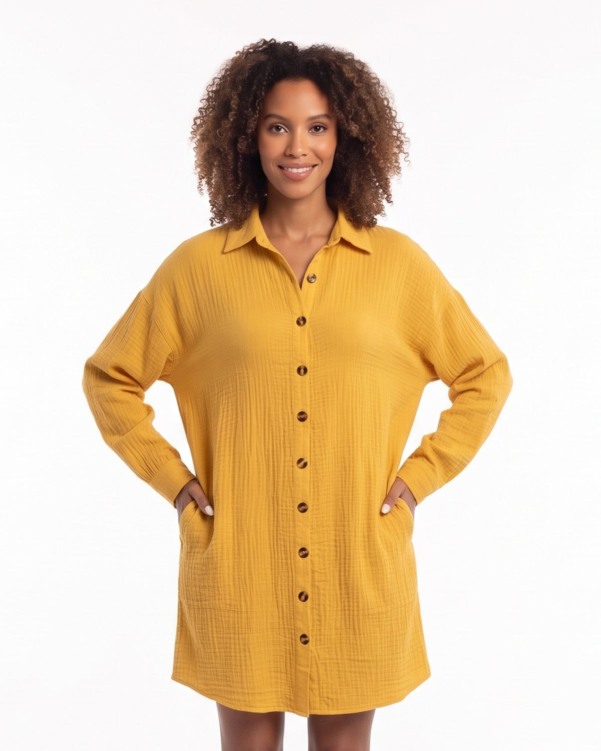 Women’s oversized button-down shirt dress, mustard yellow, long sleeves, pointed collar