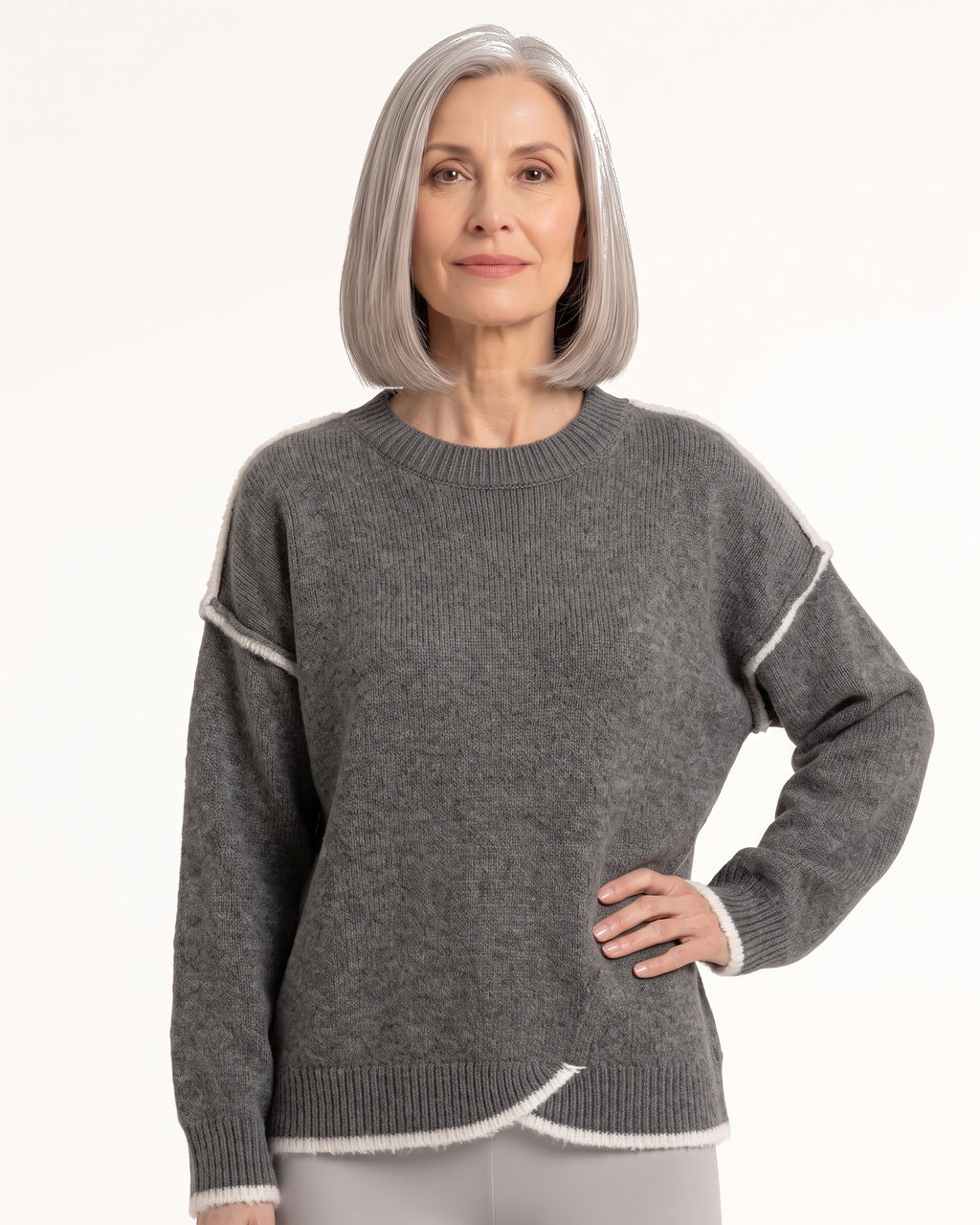 Dark gray oversized crew neck knit sweater with contrast trim and wide drop shoulders