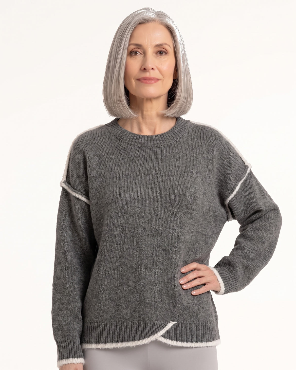 Dark gray oversized crew neck knit sweater with contrast trim and wide drop shoulders