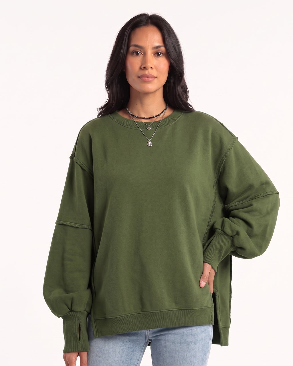 Women's oversized army green sweatshirt with batwing sleeves, exposed seams, and side slits