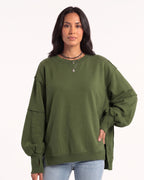 Women's oversized army green sweatshirt with batwing sleeves, exposed seams, and side slits