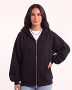 Women’s oversized black full-zip hoodie with hood and front kangaroo pockets