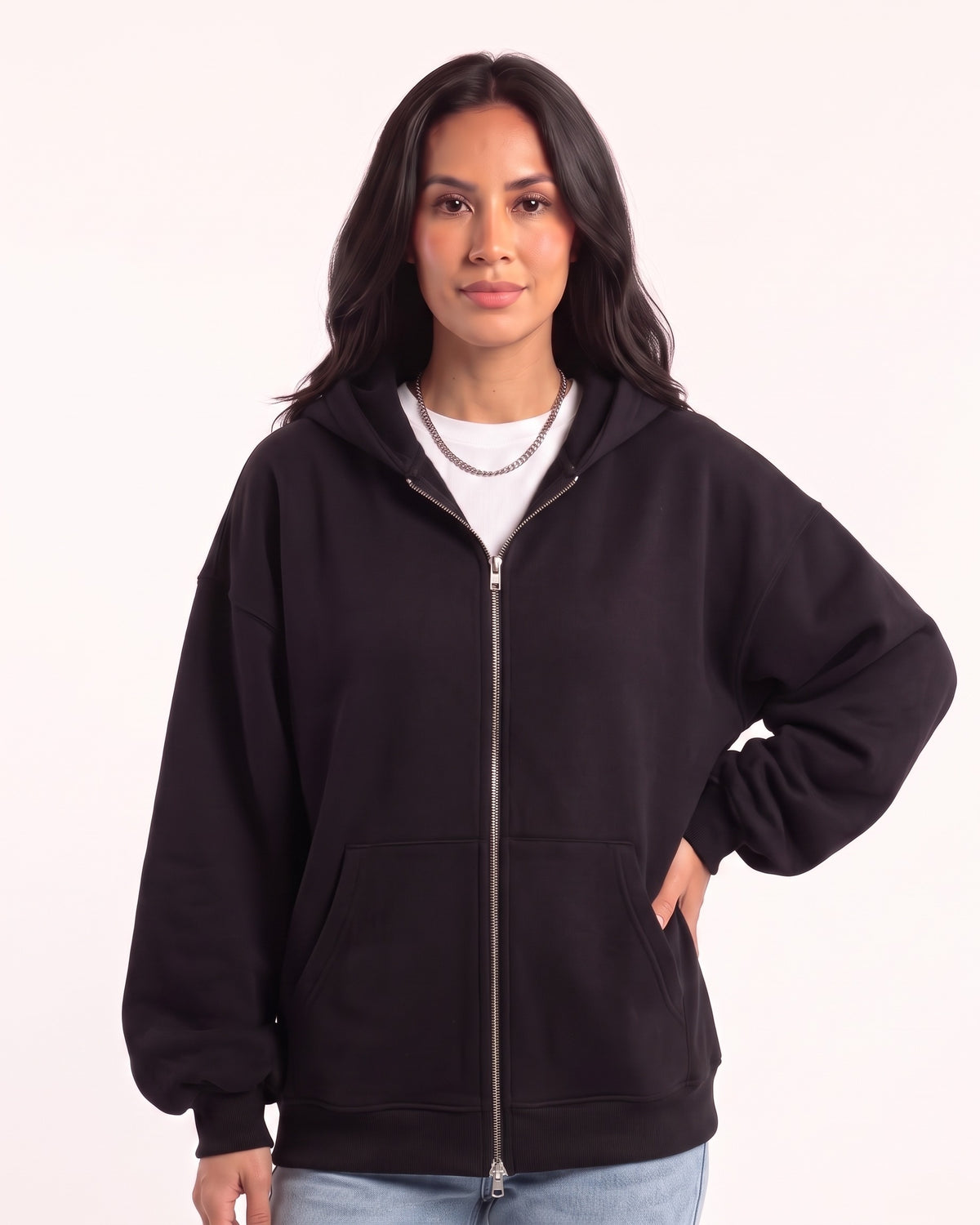 Women’s oversized black full-zip hoodie with hood and front kangaroo pockets