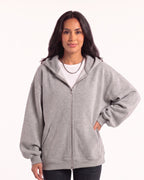 Women’s oversized light gray full-zip hoodie with hood and front zip closure