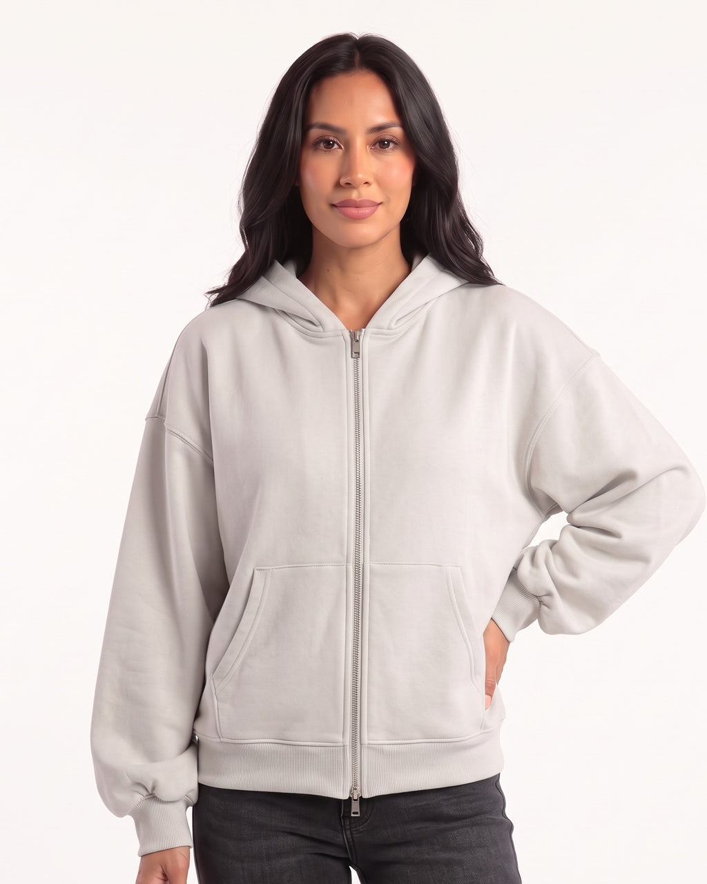 Women’s oversized light gray full-zip hoodie with hood and front kangaroo pockets