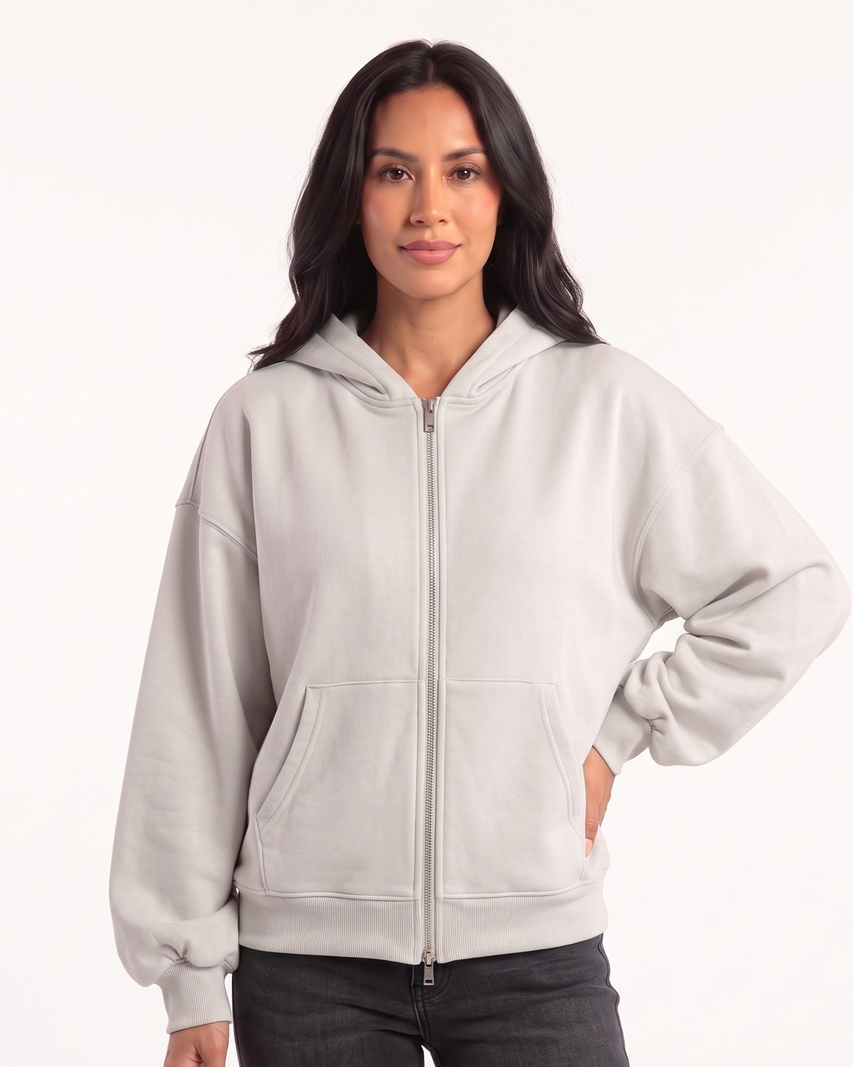 Women’s oversized light gray full-zip hoodie with hood and front kangaroo pockets