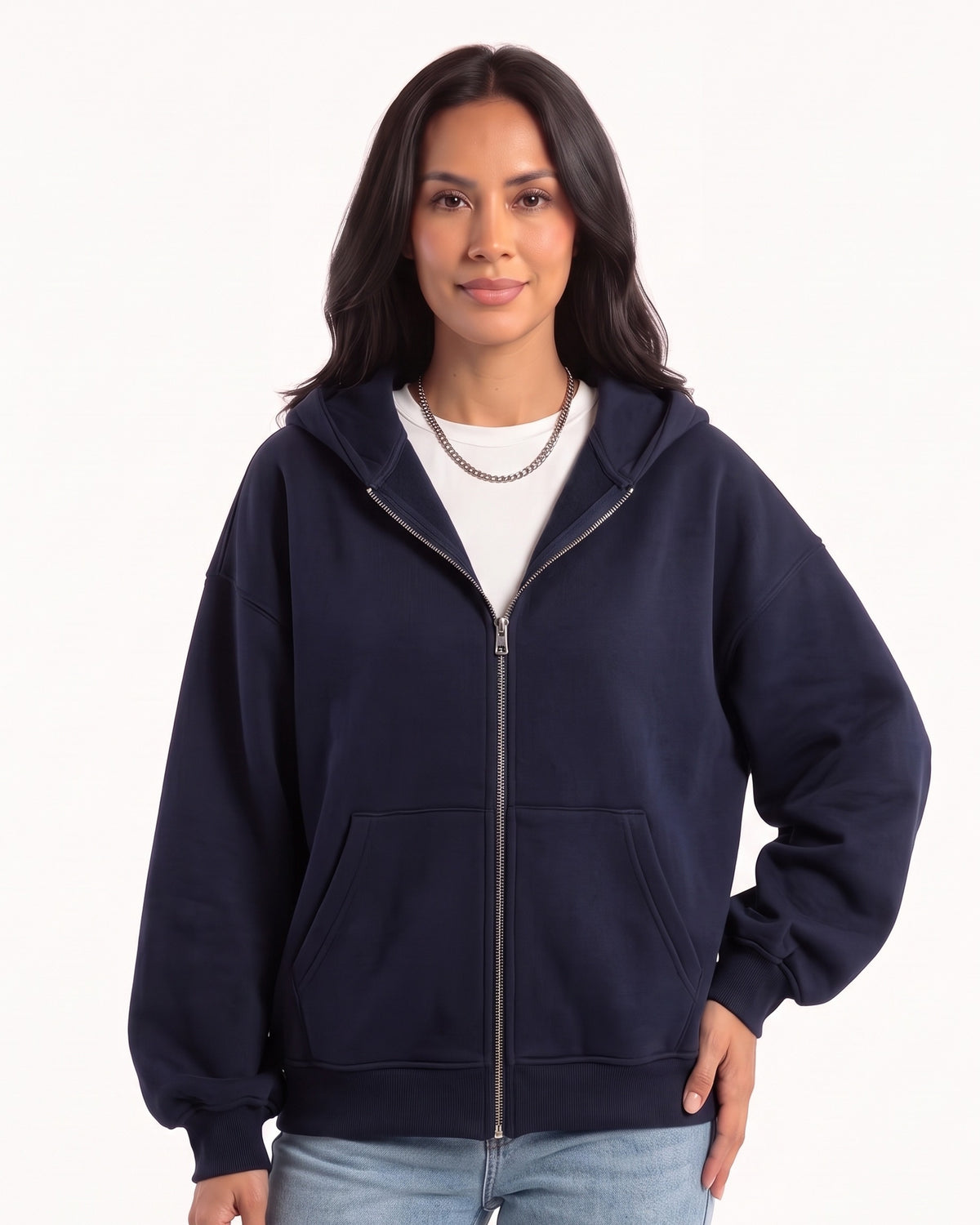 Women’s oversized navy full-zip hoodie with hood and front pockets