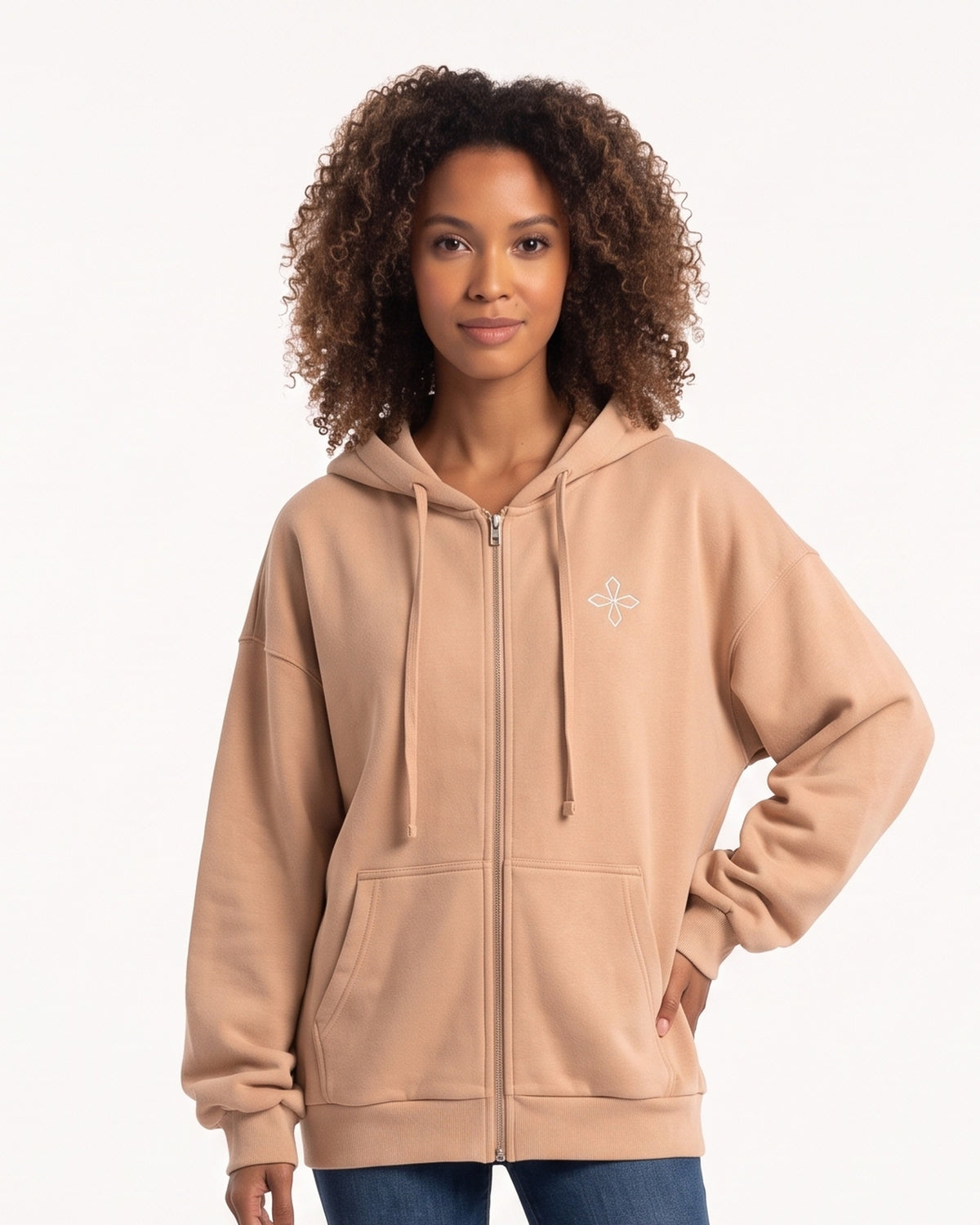 Beige zip-up hoodie with hood and kangaroo pocket, embroidered chest logo.