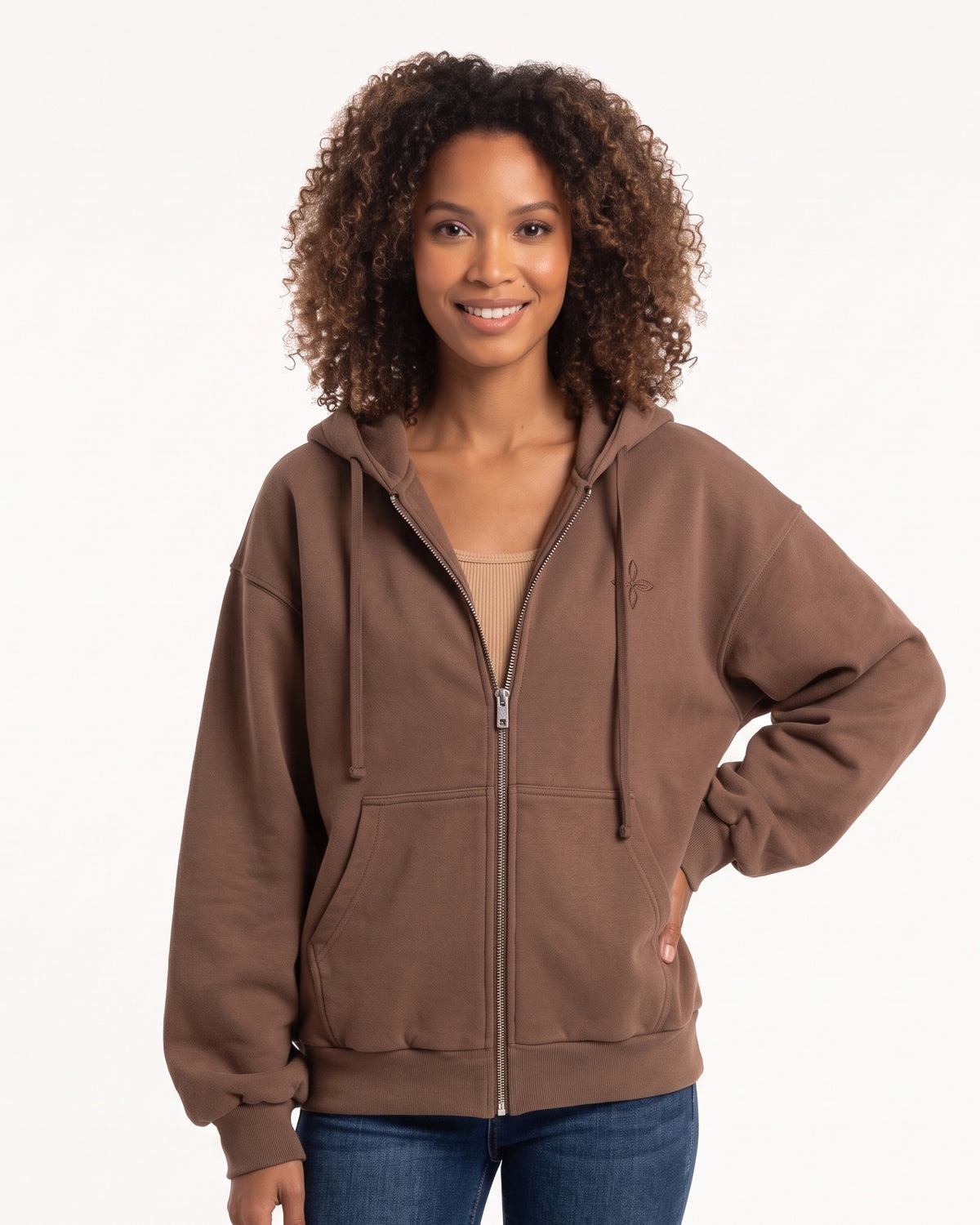 Brown zip-up hoodie with hood and kangaroo pocket, front zipper and drawstrings.