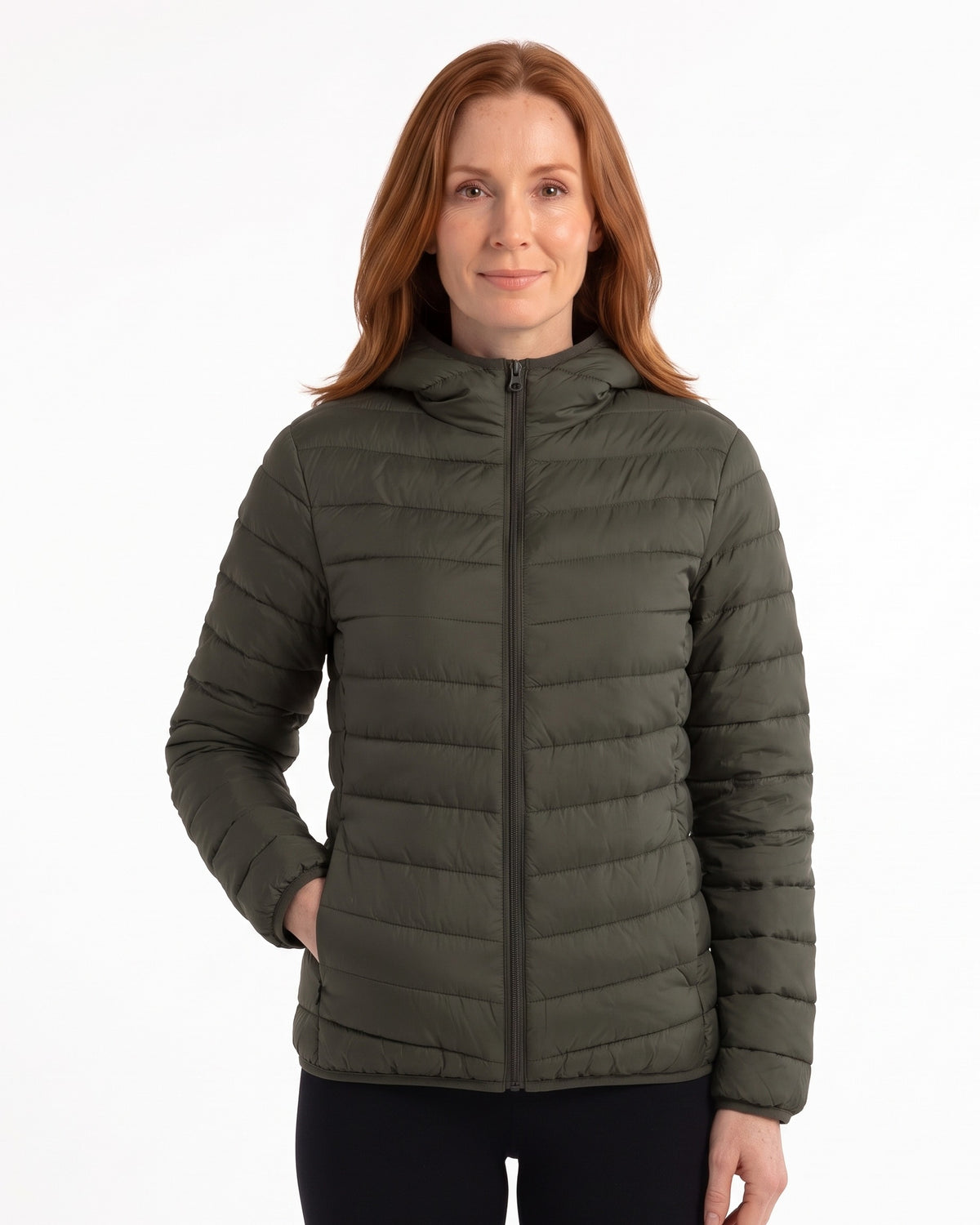 Women's hooded puffer down jacket in dark green with full zip and side pockets