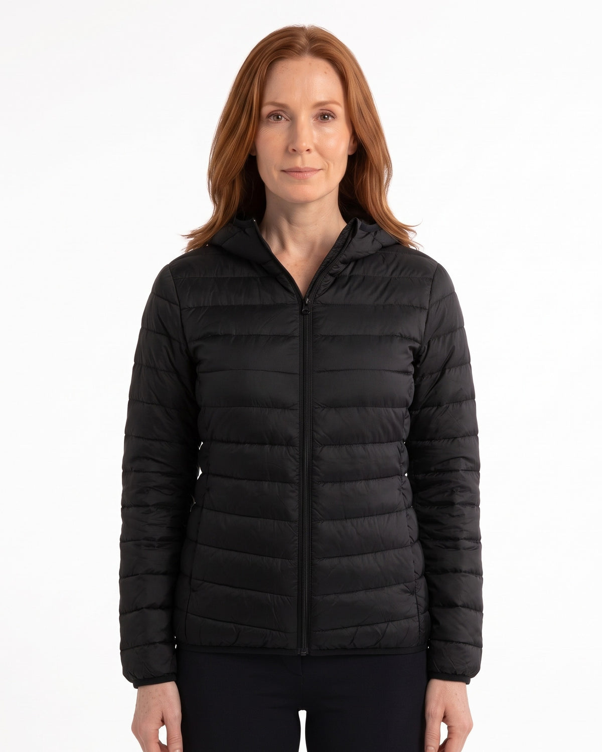 Women's hooded puffer down jacket in black with full zip and side pockets