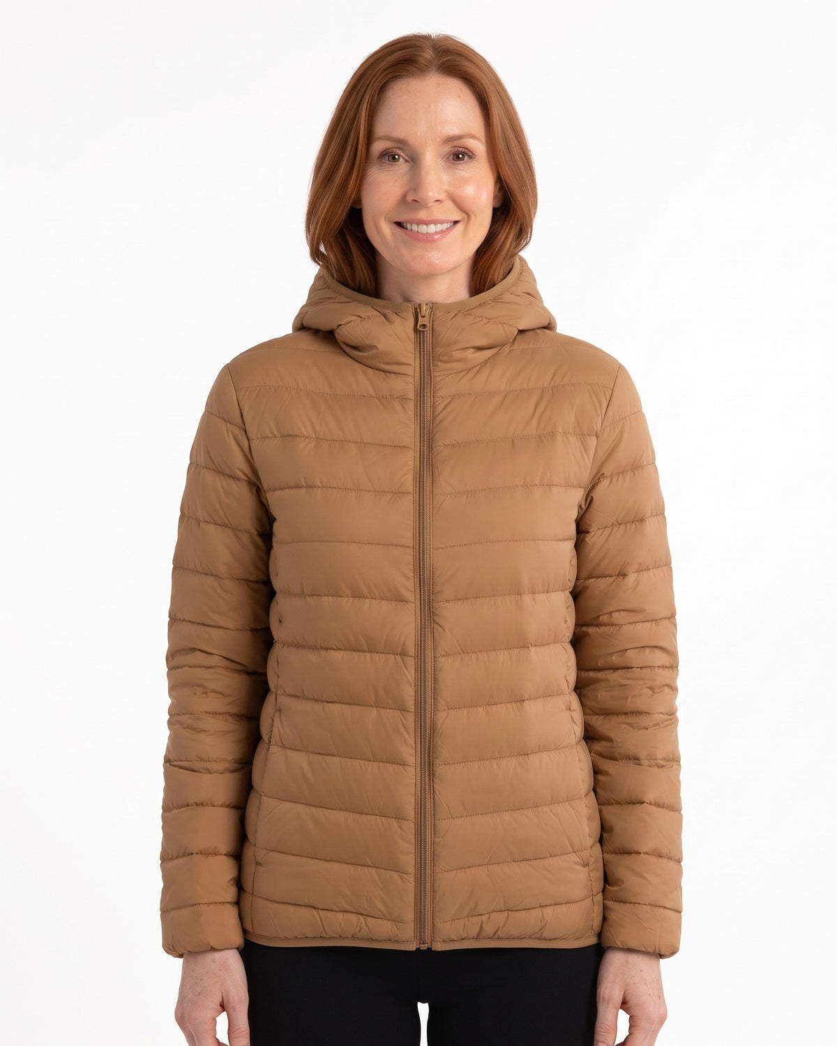 Women's hooded puffer down jacket in tan with full zip and elastic cuffs