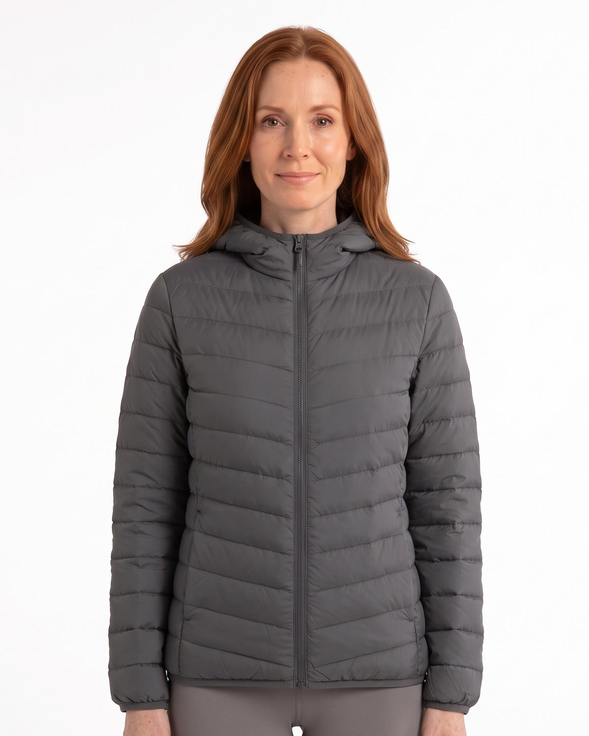 Women's hooded puffer down jacket in dark gray with full zip and side pockets