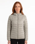 Women’s packable down jacket in light gray, full-zip hooded puffer with side pockets.