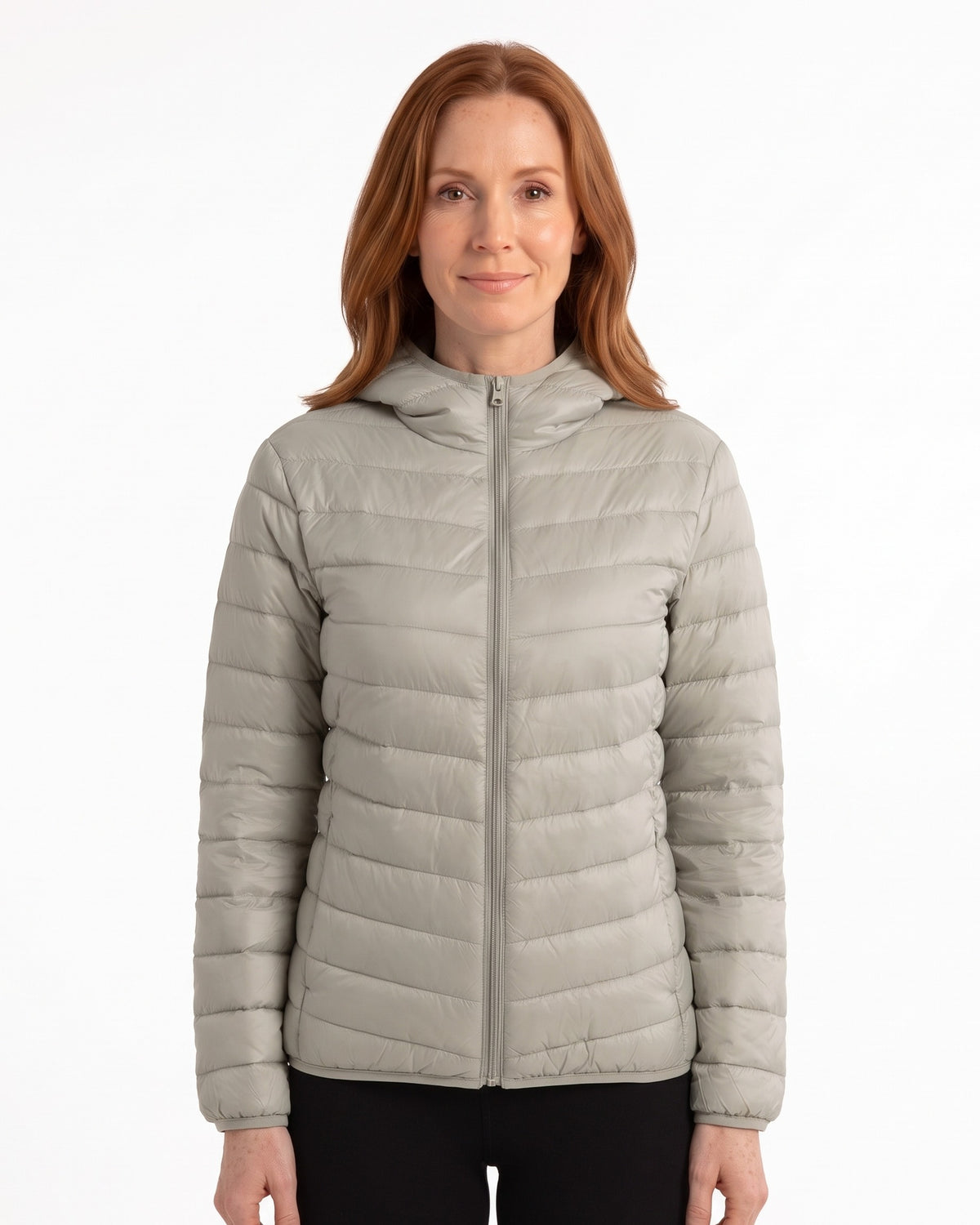 Women’s packable down jacket in light gray, full-zip hooded puffer with side pockets.