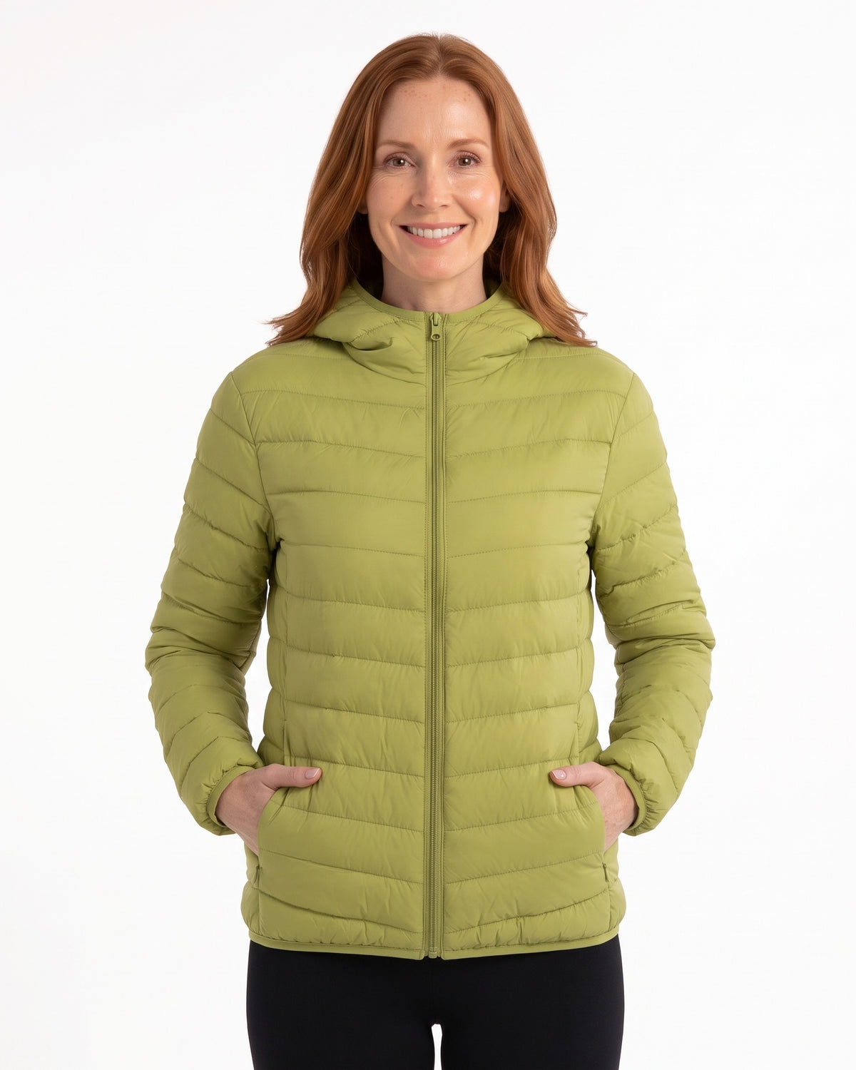 Women’s packable down jacket in olive green, full-zip hooded puffer with side pockets.